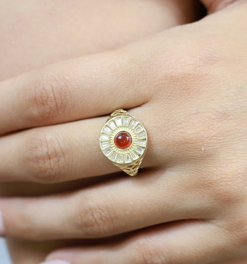 Anillo Flor Geométrica Piedra Naranja