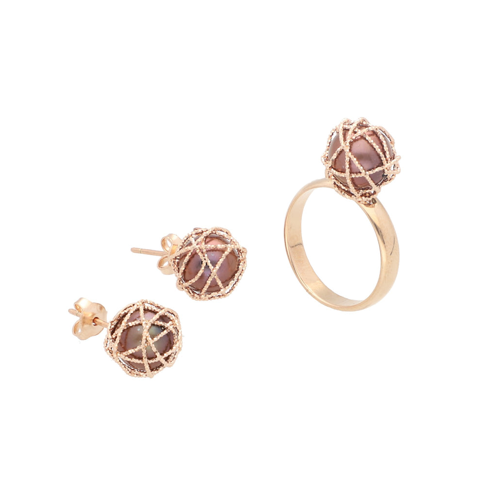 Juego de Malla de Perlas Chocolate en Oro Rosa de 14k - Alnur Joyería