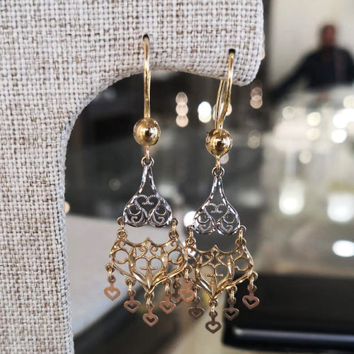 Aretes de Filigrana con Corazónes de Oro Florentino de 14k